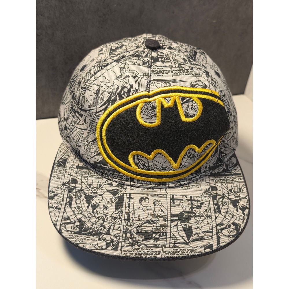 Batman Comic Print Snapback Hat Black White Yellow Logo DC Comics Cap